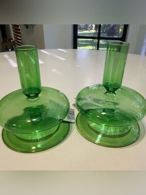 NWT. Glass tapered candle holders. Green (2)